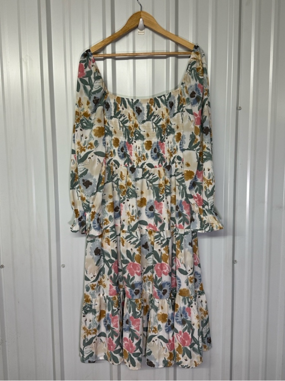 Romantic Cottagecore Smocked Square Neck Midi Dress Flowy Wedding Guest Dress - Picture 3 of 11